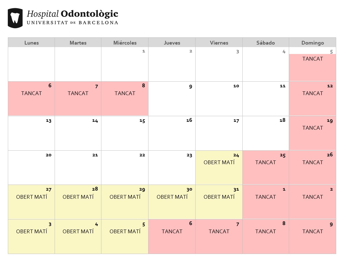 Horarios especiales de diciembre y enero en el Hospital Odontològic UB