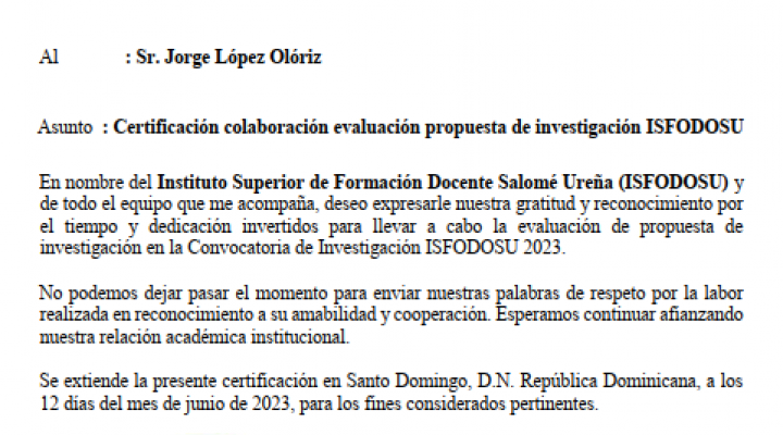 Reconocimiento al Dr. López-Olóriz para contribuir a la evaluación de propuestas de investigación en la República Dominicana